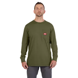 Heavy Duty Pocket T-Shirt in Green featuring a long sleeve design with a red logo on the left chest pocket.