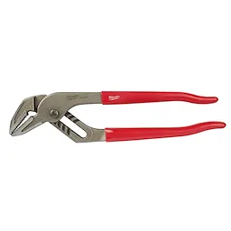 10" Tongue and Groove Pliers with red rubber handles and adjustable jaws. The pliers have a metal finish with visible teeth for grip and several adjustment slots on the lower jaw for versatility. The brand logo is printed on the handles and the metal.
