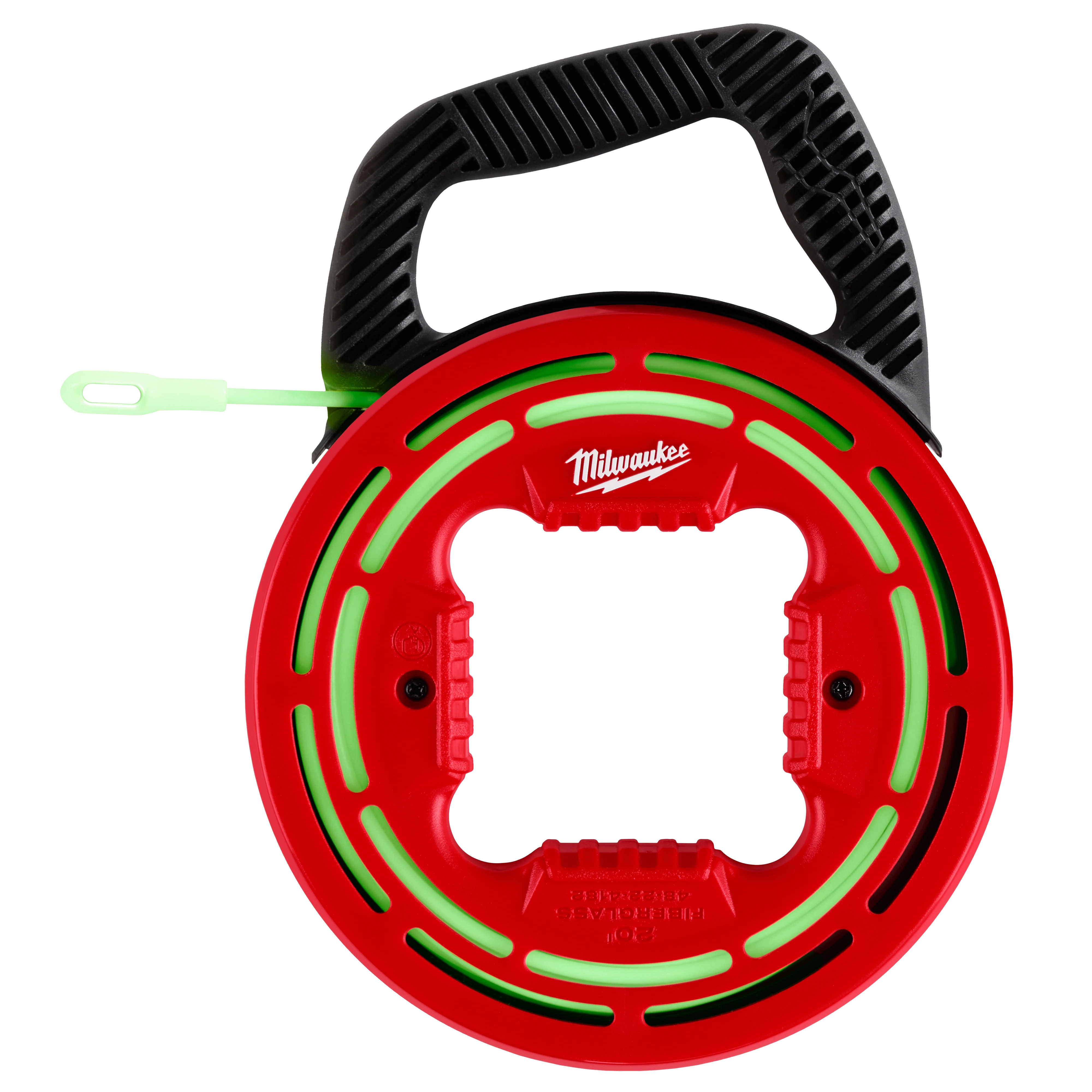 Red and black 20' Glow Fish Tape with a looped green end and ergonomic handle for easy electrical wire pulling.