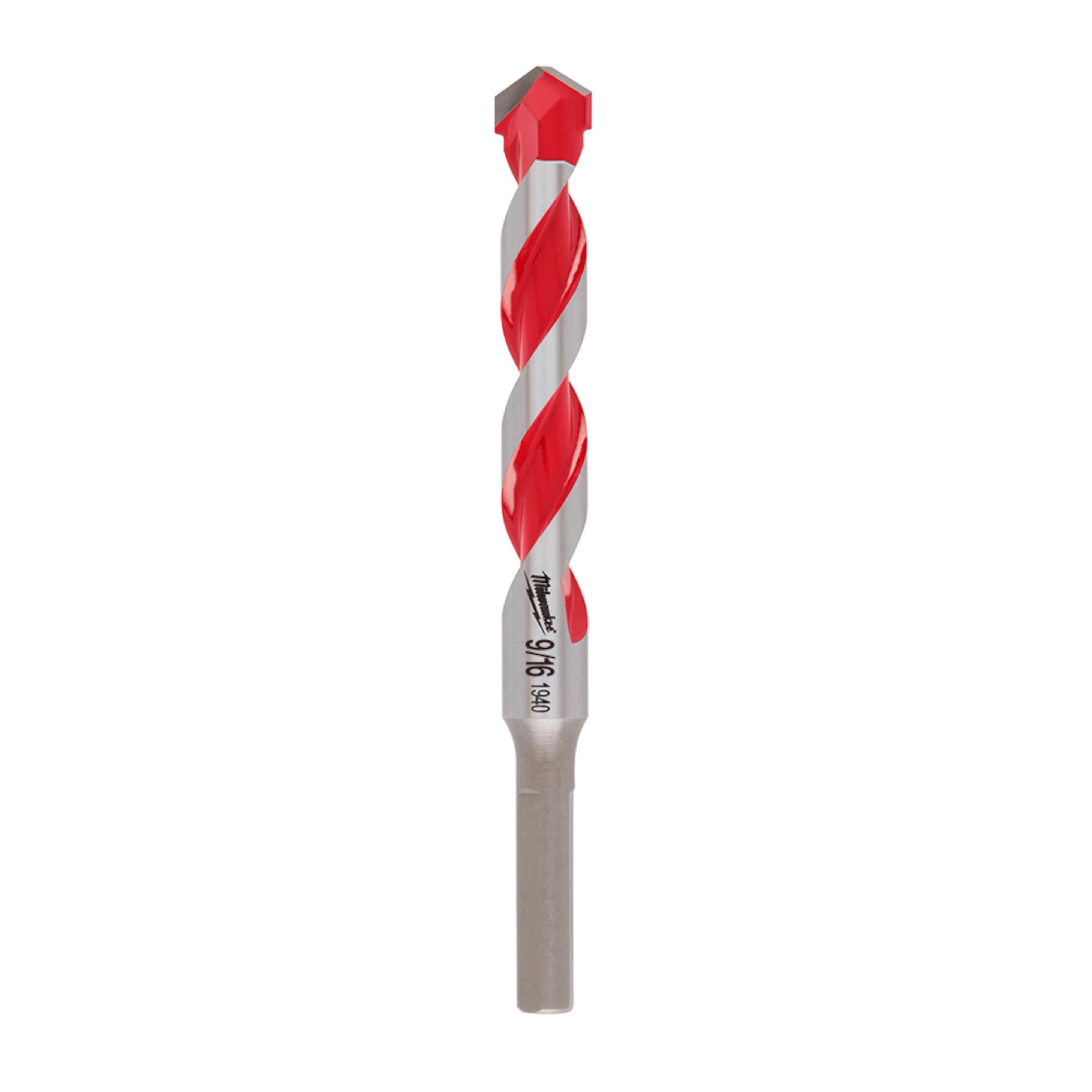 Shockwave Carbide Hammer Drill Bit, 9/16", features a spiral design with red accents on a silver shaft, ideal for heavy-duty drilling.