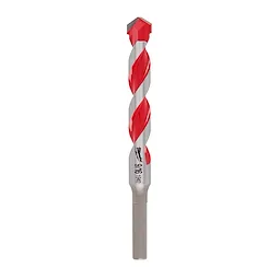 Shockwave Carbide Hammer Drill Bit, 9/16", features a spiral design with red accents on a silver shaft, ideal for heavy-duty drilling.