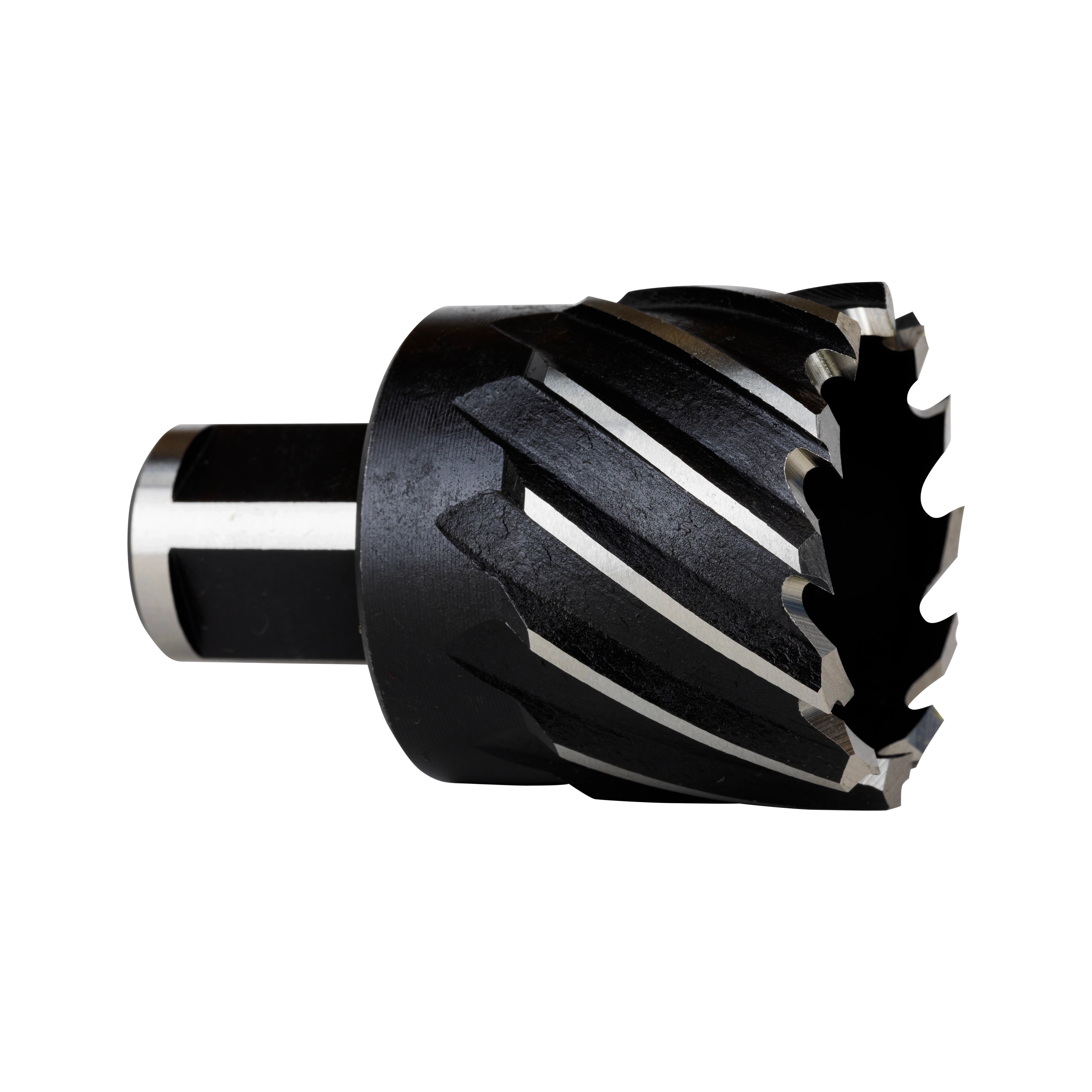 HSS Annular Cutter, black with silver cutting edges, designed for drilling holes in metal. Features a cylindrical shank for attachment.