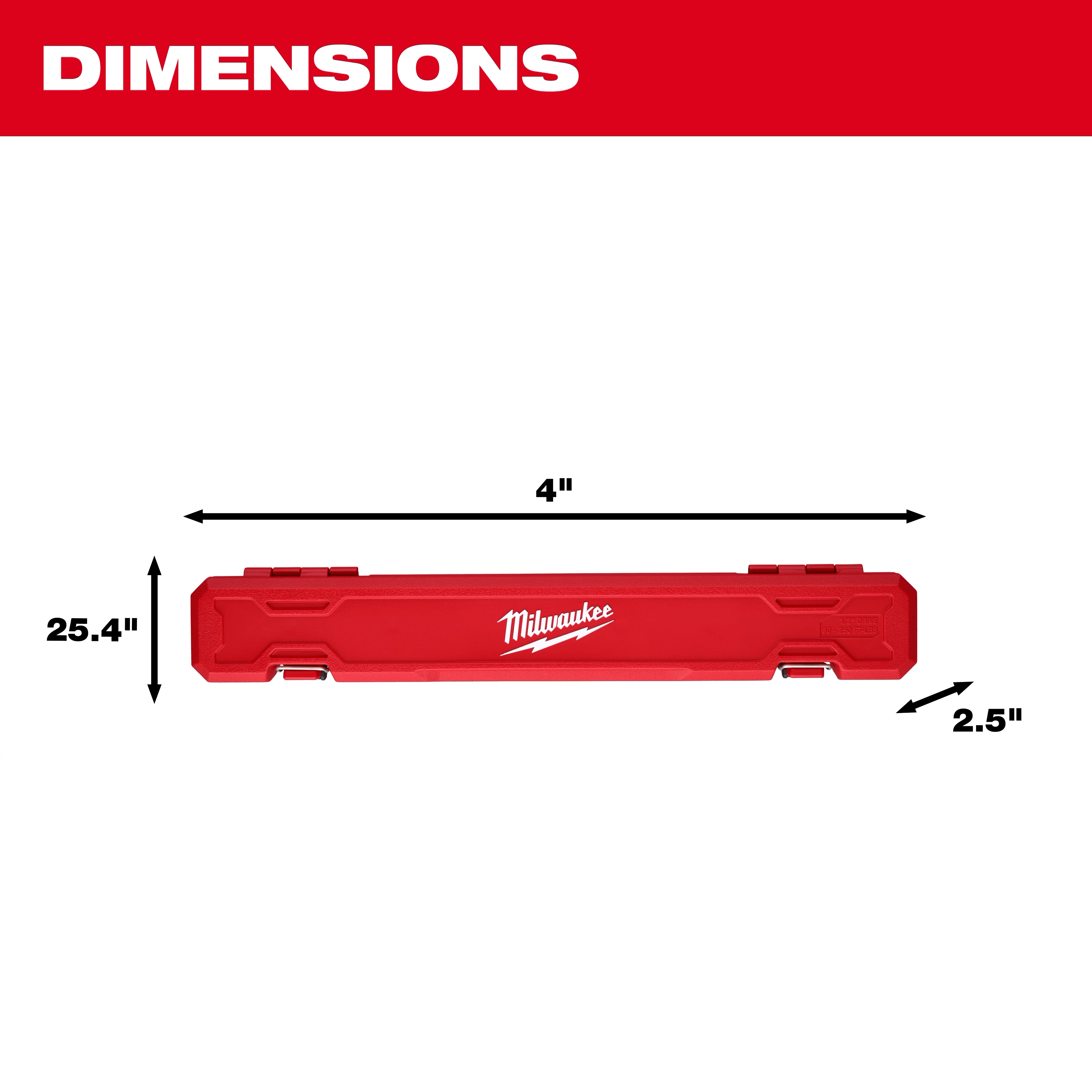 Red case of the 1/2" Drive Click Torque Wrench (50-250 ft·lbf) with dimensions: 25.4" long, 4" wide, and 2.5" high.