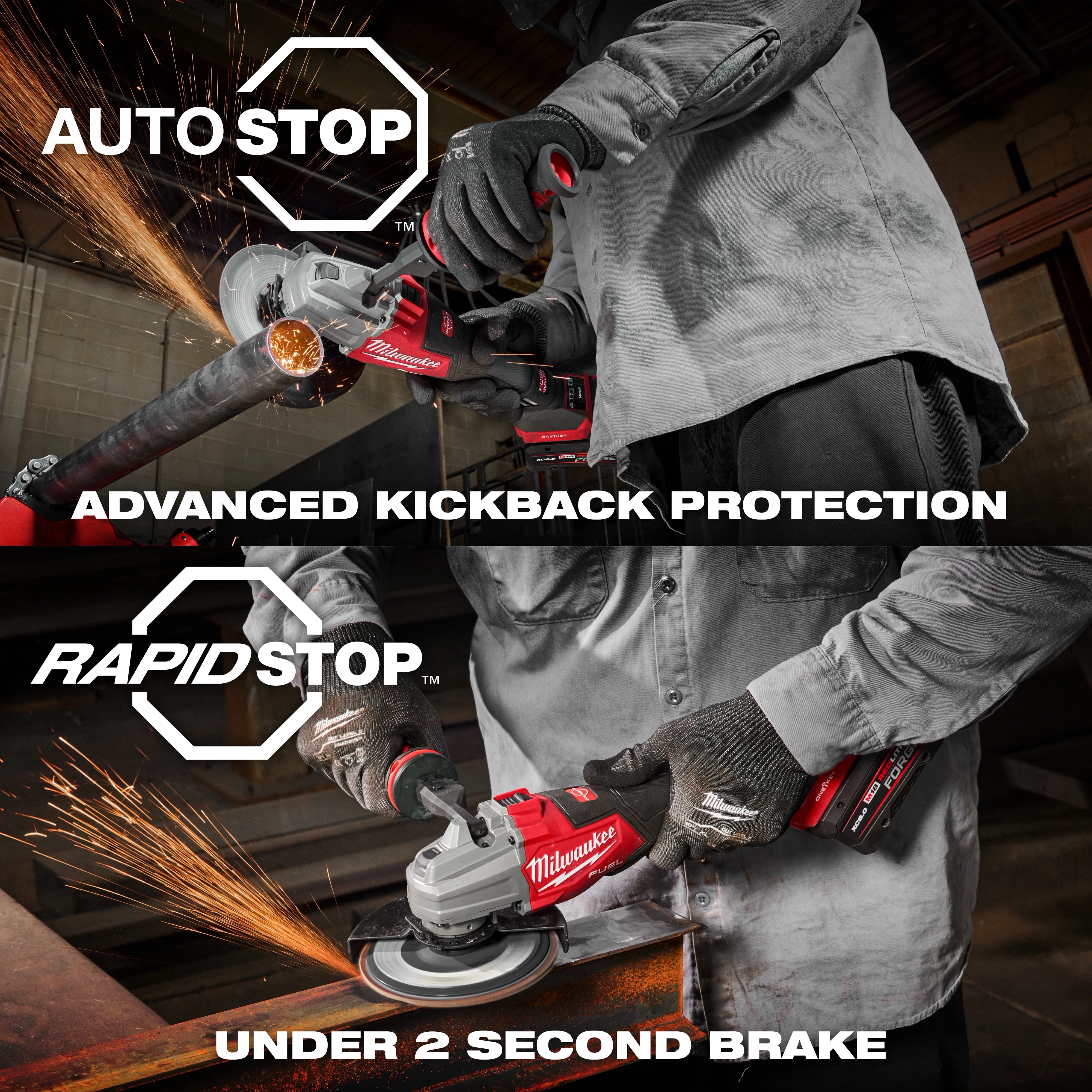 The image features the M18™ FUEL™ 4 1/2" - 6" Dual Trigger Braking Grinder, Paddle Switch w/ ONE KEY™ being used to cut metal pipes. The grinder promotes advanced kickback protection and a rapid stop feature, halting in under two seconds for enhanced safety.