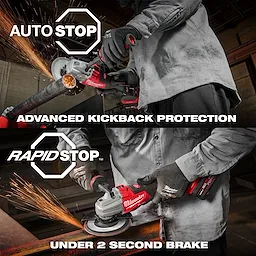 The image features the M18™ FUEL™ 4 1/2" - 6" Dual Trigger Braking Grinder, Paddle Switch w/ ONE KEY™ being used to cut metal pipes. The grinder promotes advanced kickback protection and a rapid stop feature, halting in under two seconds for enhanced safety.