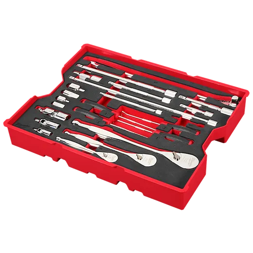 A red tray holds a Milwaukee 23PC 1/4", 3/8", and 1/2" Drive Ratchet & Accessory Set, arranged neatly with ratchets, sockets, and various accessories, designed for use with PACKOUT™ Drawers.