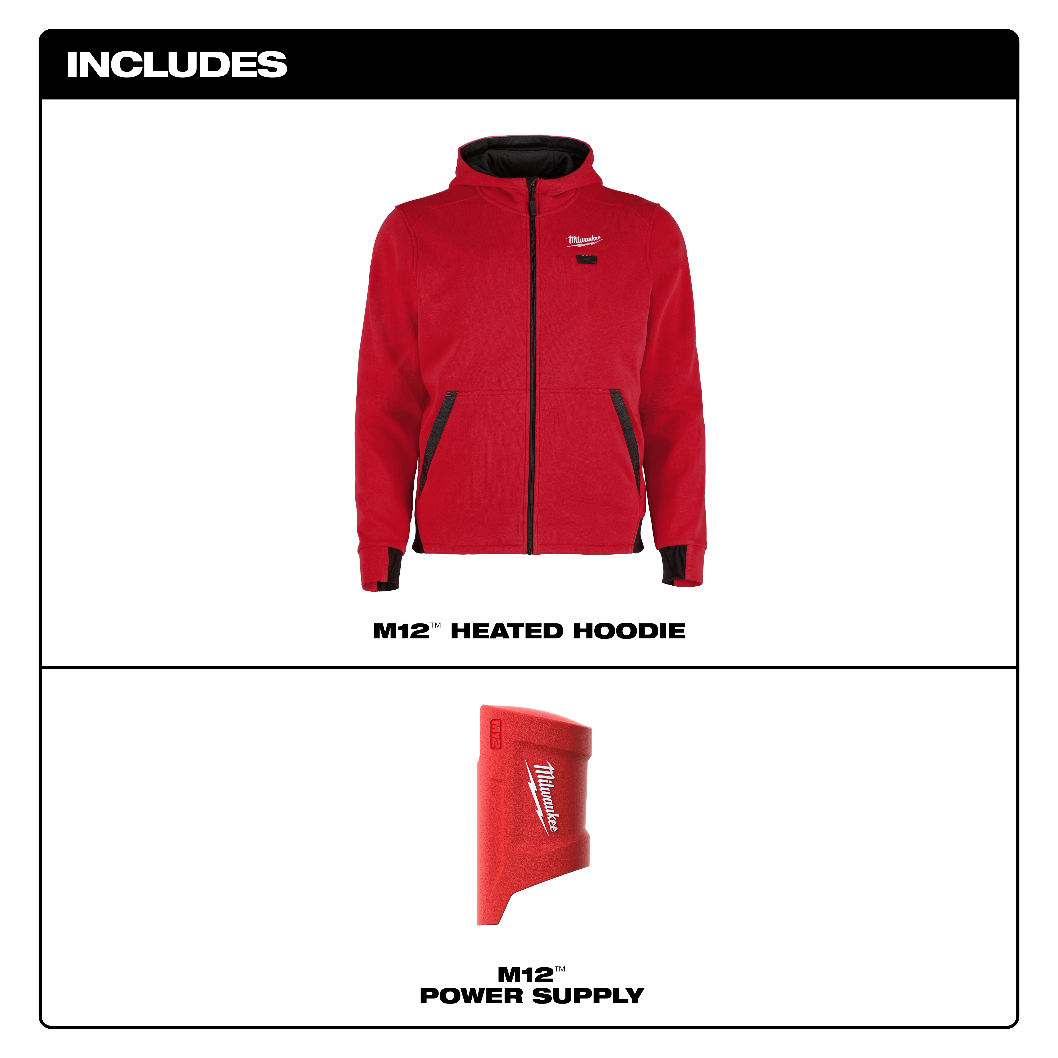 M12™ Heated Hoodie in red with black accents and a front zip, accompanied by an M12™ power supply. Product name and description include "M12™ Heated Hoodie."
