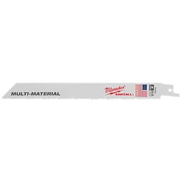 Milwaukee Sawzall 8" 8/12 TPI blades, sold in a pack of 5, designed for cutting multi-material. Features include a white blade with gray, sharp teeth, red branding, and U.S. flag symbol indicating American manufacturing.