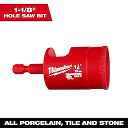 1-1/8" Diamond Max Hole Saw Bit, red, designed for cutting porcelain, tile, and stone, with visible branding and measurements.