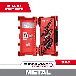 48-89-9254 3 PC SHOCKWAVE Impact Duty Step Drill Bit Set includes three drill bits designed for metal use. Packaged in a red case, the bits feature titanium aluminum coating, promising five times longer life. Suitable for various drilling applications, they come with a guarantee of durability and high performance.