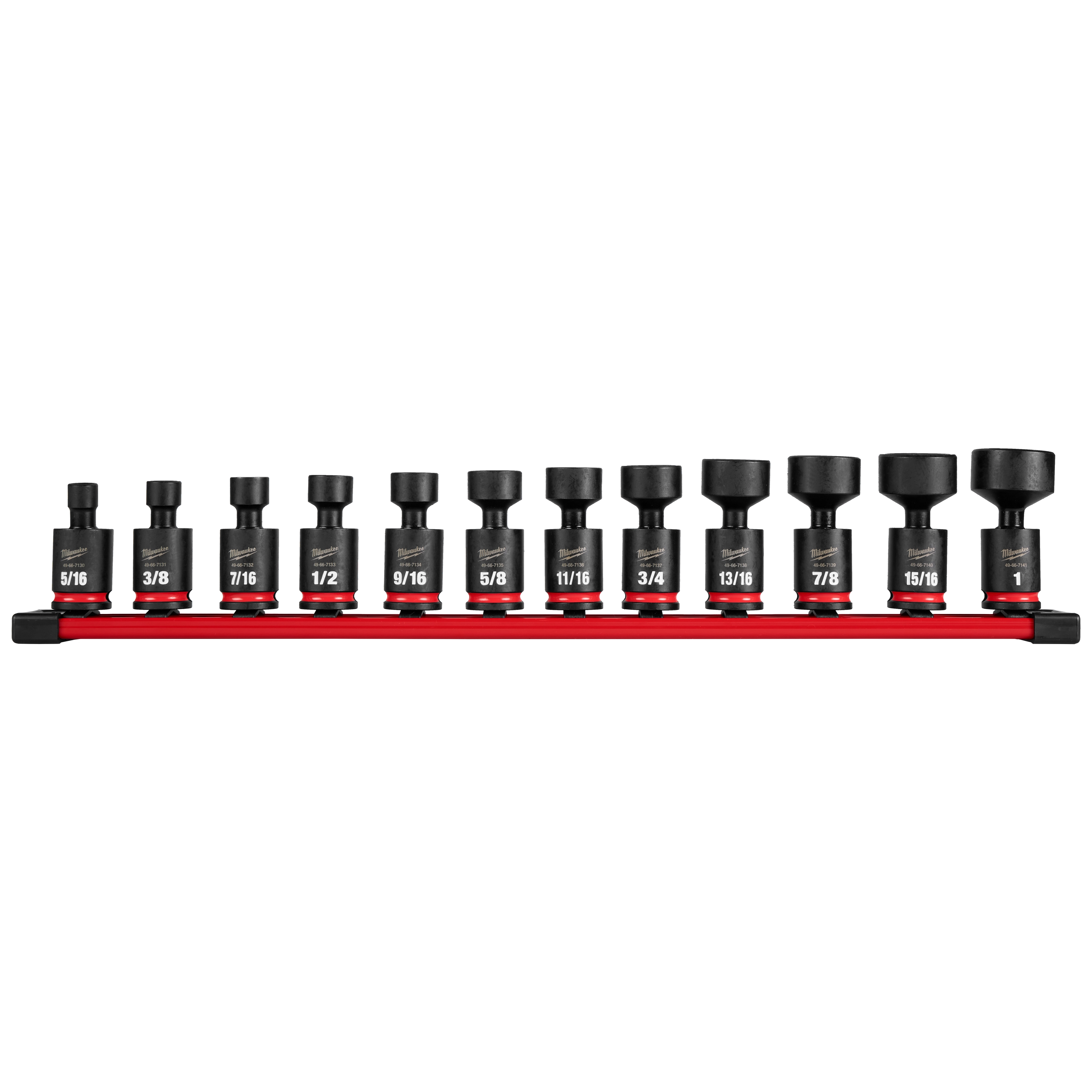 The 12PC SHOCKWAVE Impact Duty 3/8" Drive 6 Point SAE Standard Swivel Socket Set is displayed arranged in order on a red socket holder. Each black socket is imprinted with white size markings ranging from 5/16" to 1".