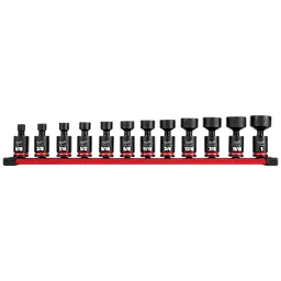 The 12PC SHOCKWAVE Impact Duty 3/8" Drive 6 Point SAE Standard Swivel Socket Set is displayed arranged in order on a red socket holder. Each black socket is imprinted with white size markings ranging from 5/16" to 1".