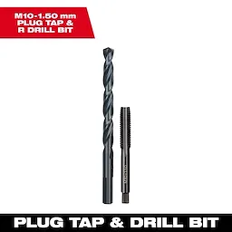 M10-1.50 mm Straight Flute Plug Tap and R Drill Bit, featuring a twisted drill bit and a threaded plug tap for precise threading.