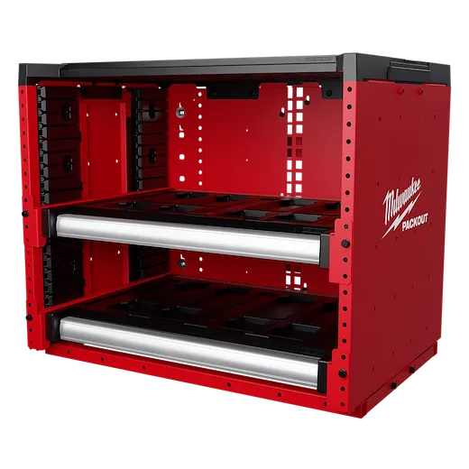 The PACKOUT™ Rack by Milwaukee is a red metal shelving unit with two adjustable racks designed to store and organize tools and equipment. The unit features black trim and the Milwaukee logo on the side.