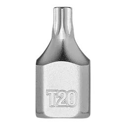 1/4" Drive T20 Low-Profile TORX Bit Socket made of polished metal with "T20" engraved on the side. The bit has a low-profile design and a T20 TORX head for fastening applications.