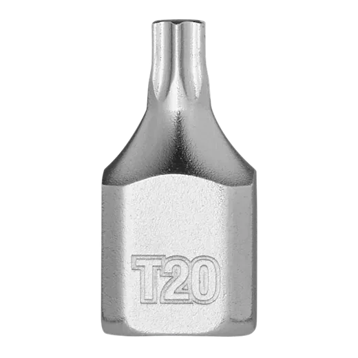 1/4" Drive T20 Low-Profile TORX Bit Socket made of polished metal with "T20" engraved on the side. The bit has a low-profile design and a T20 TORX head for fastening applications.