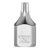 1/4" Drive T20 Low-Profile TORX Bit Socket made of polished metal with "T20" engraved on the side. The bit has a low-profile design and a T20 TORX head for fastening applications.