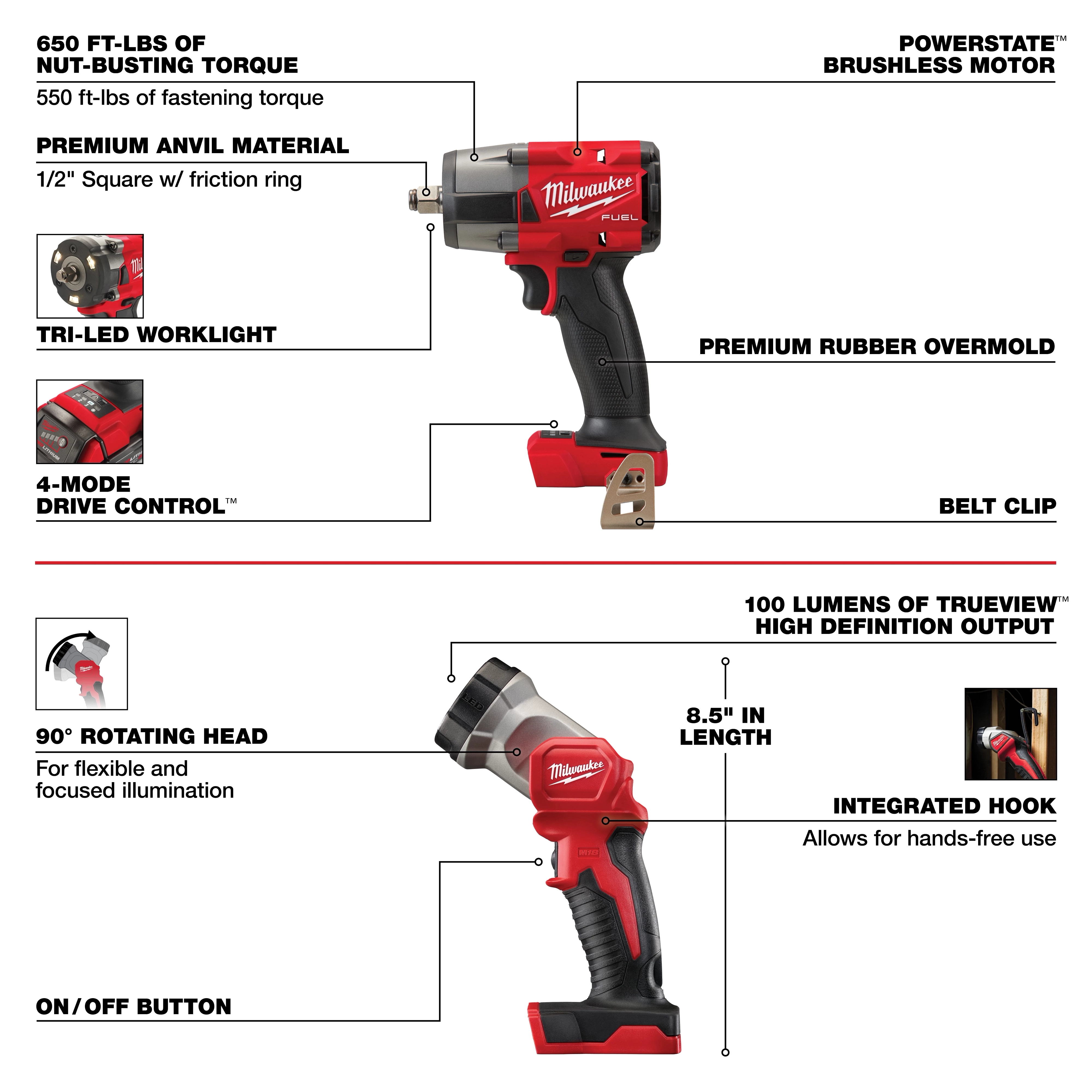 The M18 FUEL 7-Tool Combo Kit features a 90° rotating head, 650 ft-lbs of nut-busting torque, PowerState brushless motor, premium anvil material, Tri-LED worklight, 4-Mode Drive Control, belt clip, TrueView 100 lumens high-definition output, integrated hook, and measures 8.5 inches in length.