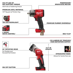 The M18 FUEL 7-Tool Combo Kit features a 90° rotating head, 650 ft-lbs of nut-busting torque, PowerState brushless motor, premium anvil material, Tri-LED worklight, 4-Mode Drive Control, belt clip, TrueView 100 lumens high-definition output, integrated hook, and measures 8.5 inches in length.