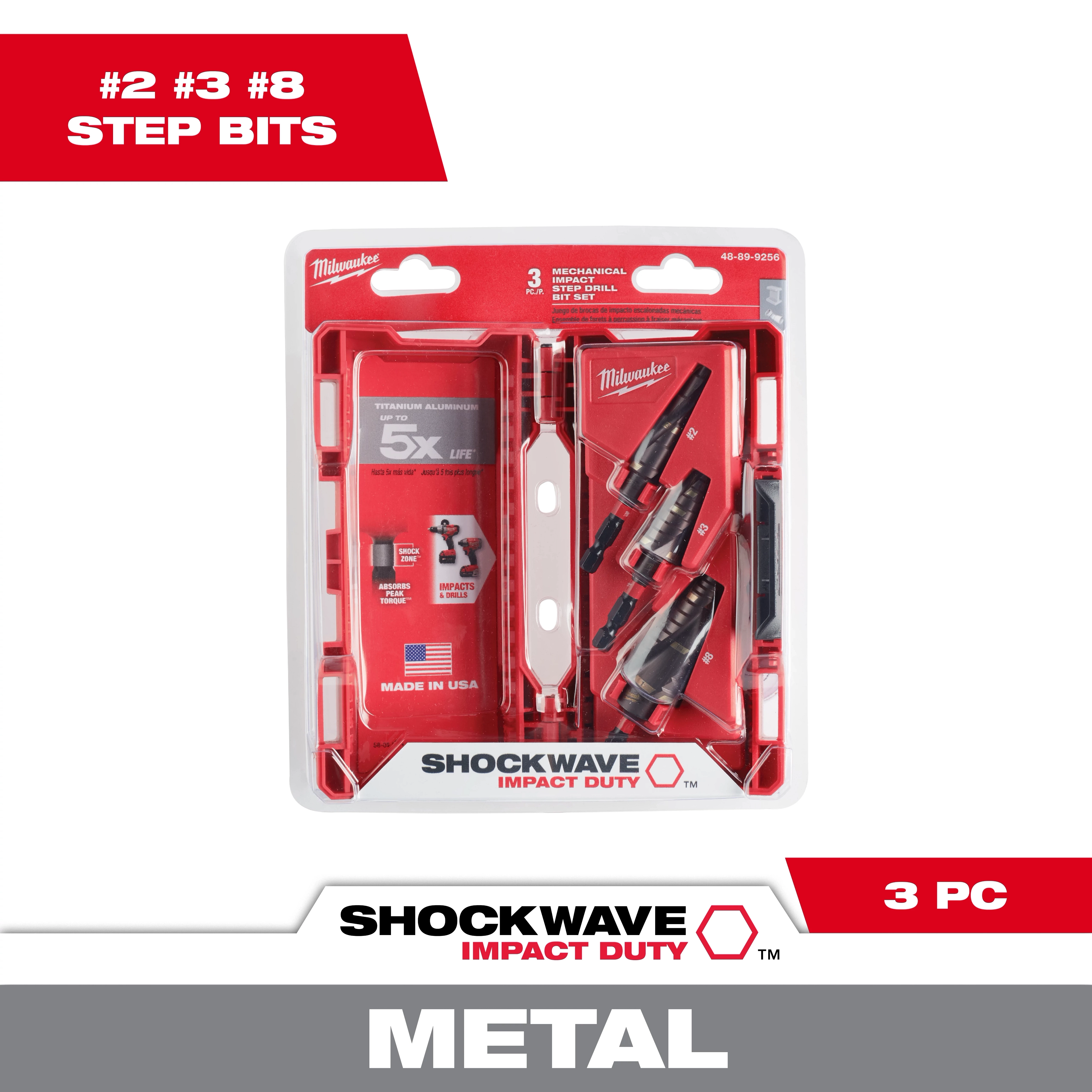 The 48-89-9256 3 PC SHOCKWAVE Impact Duty Mechanical Step Drill Bit Set features three step drill bits designed for metal drilling. The packaging highlights a titanium aluminum nitride coating for a 5x longer life and is made in the USA. The set is displayed in a red and white blister pack.