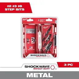 The 48-89-9256 3 PC SHOCKWAVE Impact Duty Mechanical Step Drill Bit Set features three step drill bits designed for metal drilling. The packaging highlights a titanium aluminum nitride coating for a 5x longer life and is made in the USA. The set is displayed in a red and white blister pack.