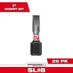The image shows the SHOCKWAVE™ 1" Impact Duty Slotted 3/16" Insert Bits (25 PK). The bit has a slotted head, a hexagonal base, and a red ring near the center. The packaging indicates 25 pieces are included.