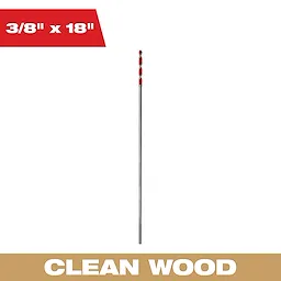 The Milwaukee 3/8" x 18" clean wood drill bit is displayed. The top of the image highlights its dimensions as 3/8 inch by 18 inches, and the bottom indicates it is designed for clean wood drilling. The drill bit has a silver body with red accents on its tip.