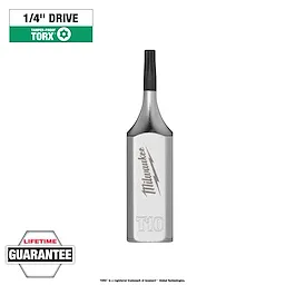 1/4" Drive T10 Tamper Proof TORX Bit Socket features a metal construction with a black tip and the brand name engraved on its side.