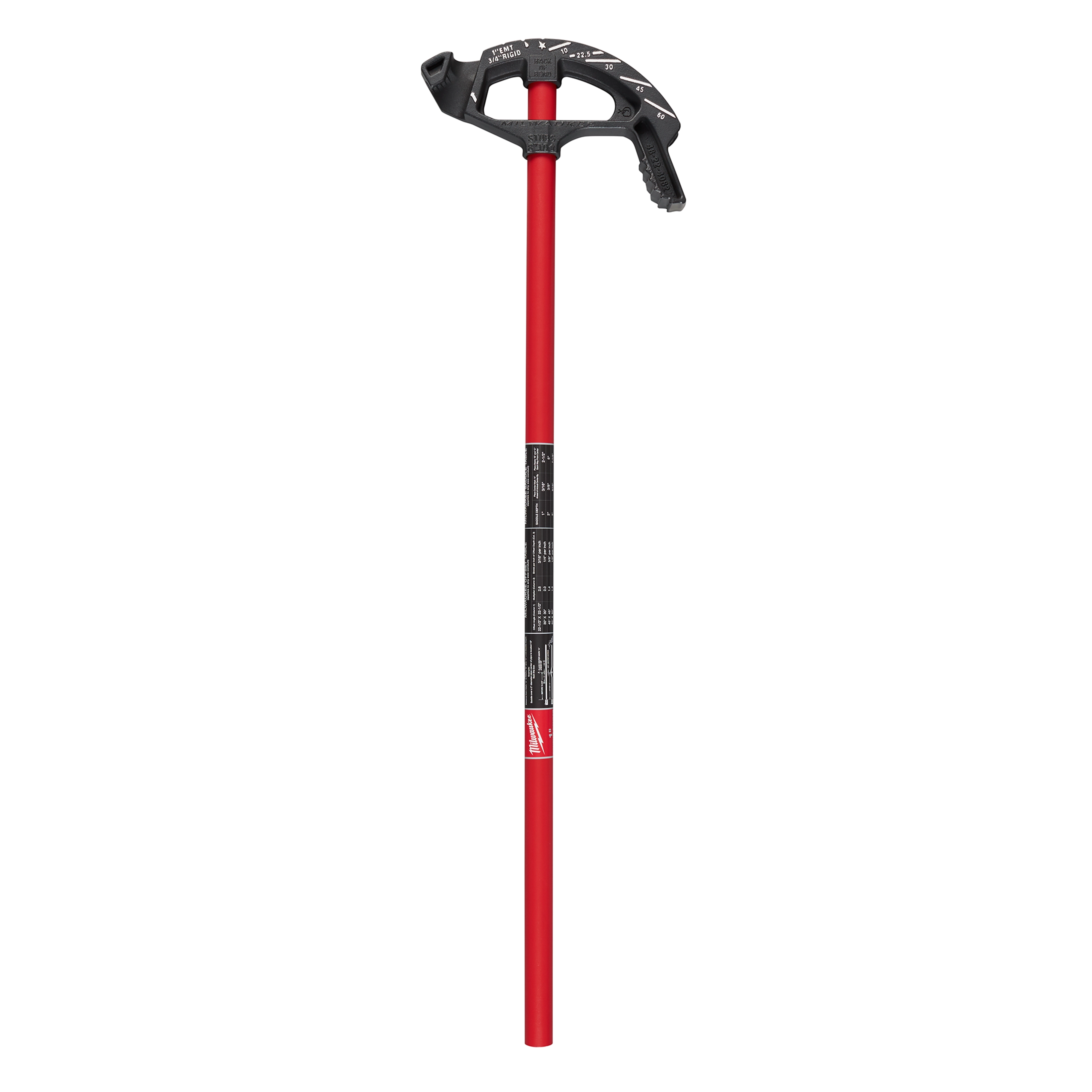 1" EMT Iron Conduit Bender, red handle with black head, features degree markers and grip handle for precise bending of electrical metallic tubing.