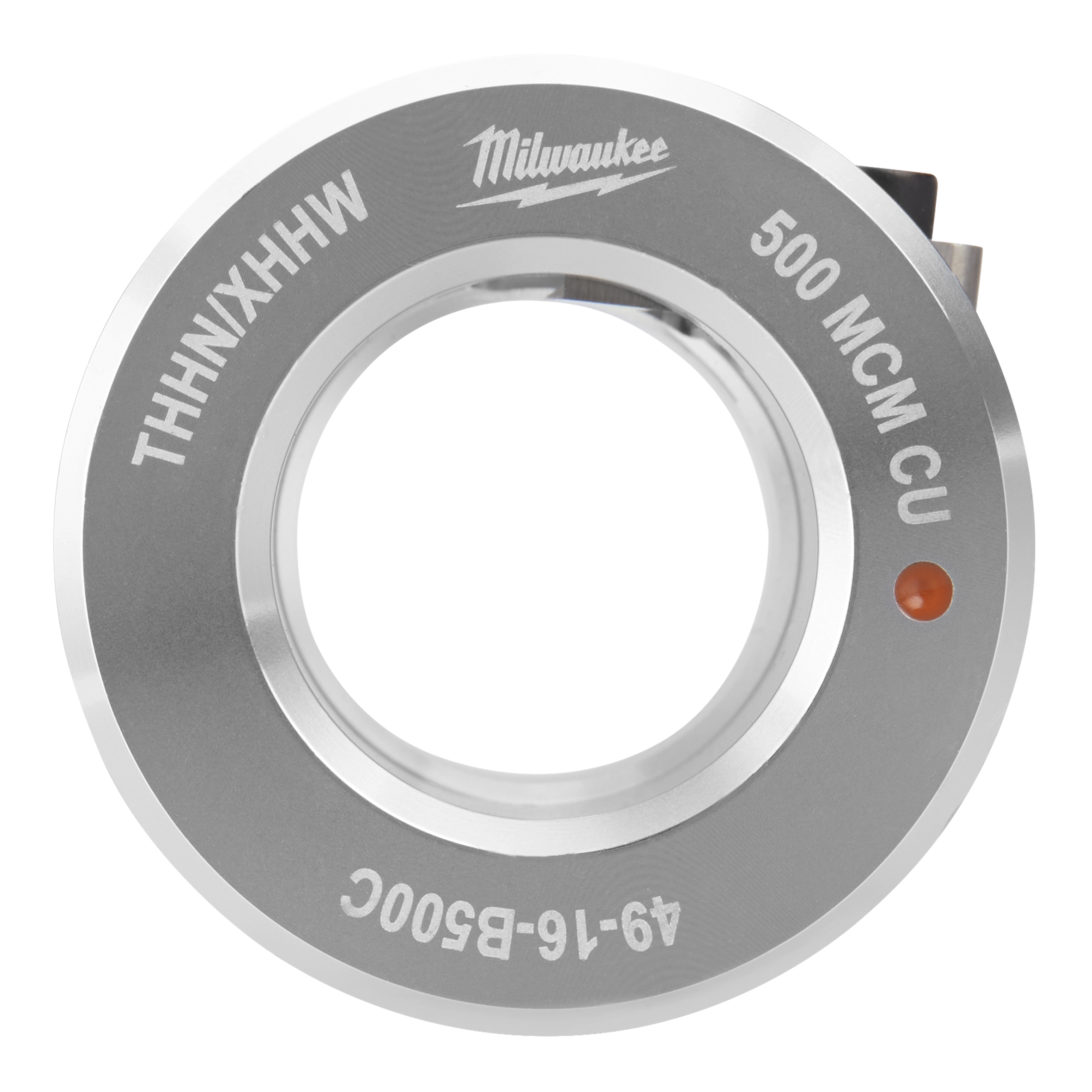 Milwaukee 500 MCM CU cutter, model 49-16-B500C, with THHNXHHW engraved on the inner ring and a small red dot marker.
