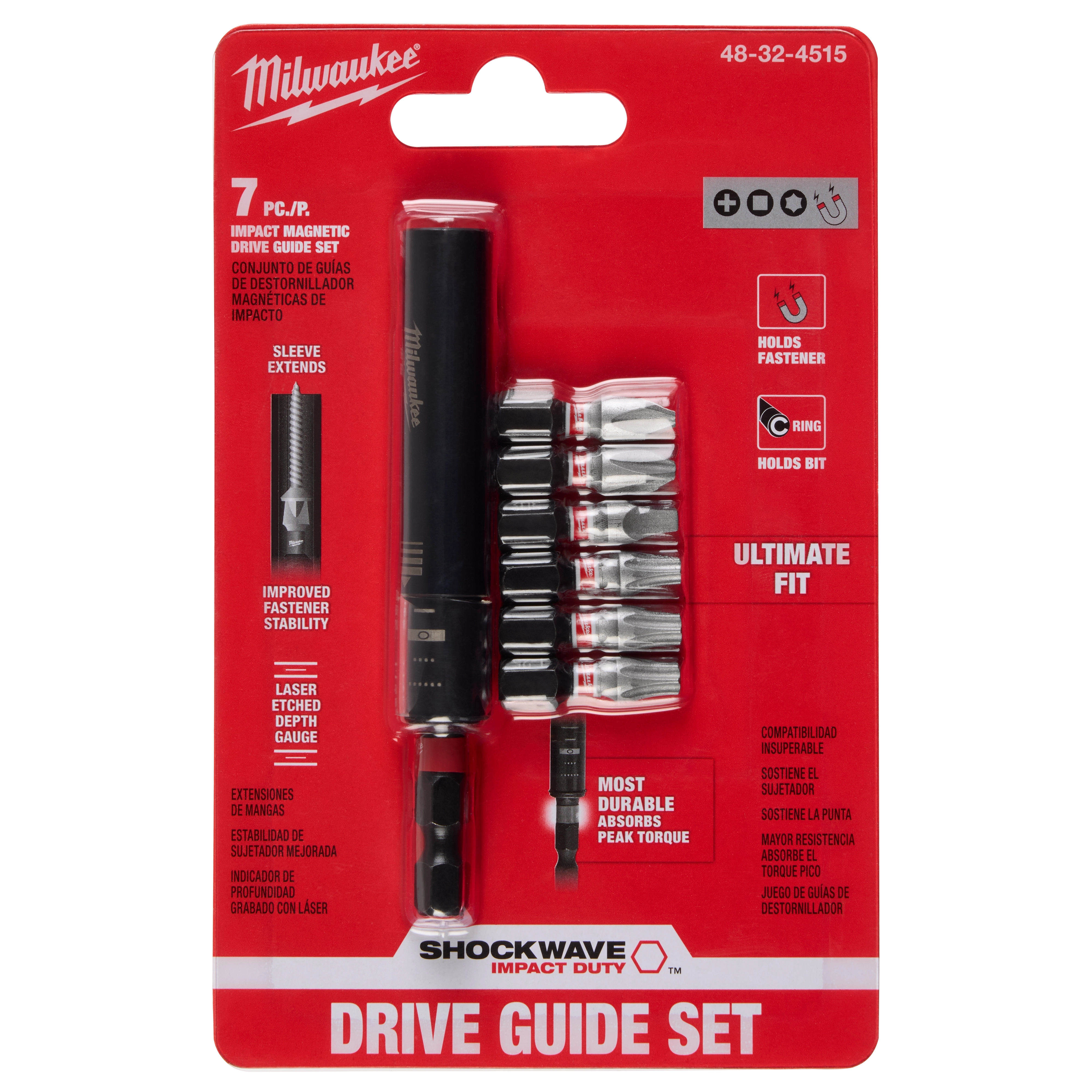 The image shows a red Milwaukee Shockwave Impact Duty Drive Guide Set packaging. It includes a magnetic drive guide and six driver bits. The package highlights features like extended sleeve, improved fastener stability, and laser-etched depth gauge. Text on the right mentions "Ultimate Fit."