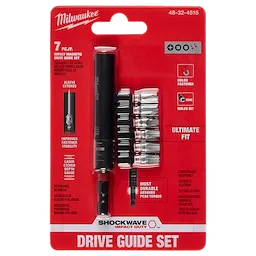 The image shows a red Milwaukee Shockwave Impact Duty Drive Guide Set packaging. It includes a magnetic drive guide and six driver bits. The package highlights features like extended sleeve, improved fastener stability, and laser-etched depth gauge. Text on the right mentions "Ultimate Fit."