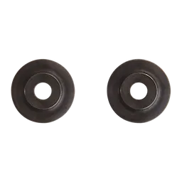 Copper Tubing Cutter Wheel (2 PK) 48-38-0010 features two black circular cutter wheels with central holes, designed for cutting copper tubing efficiently.