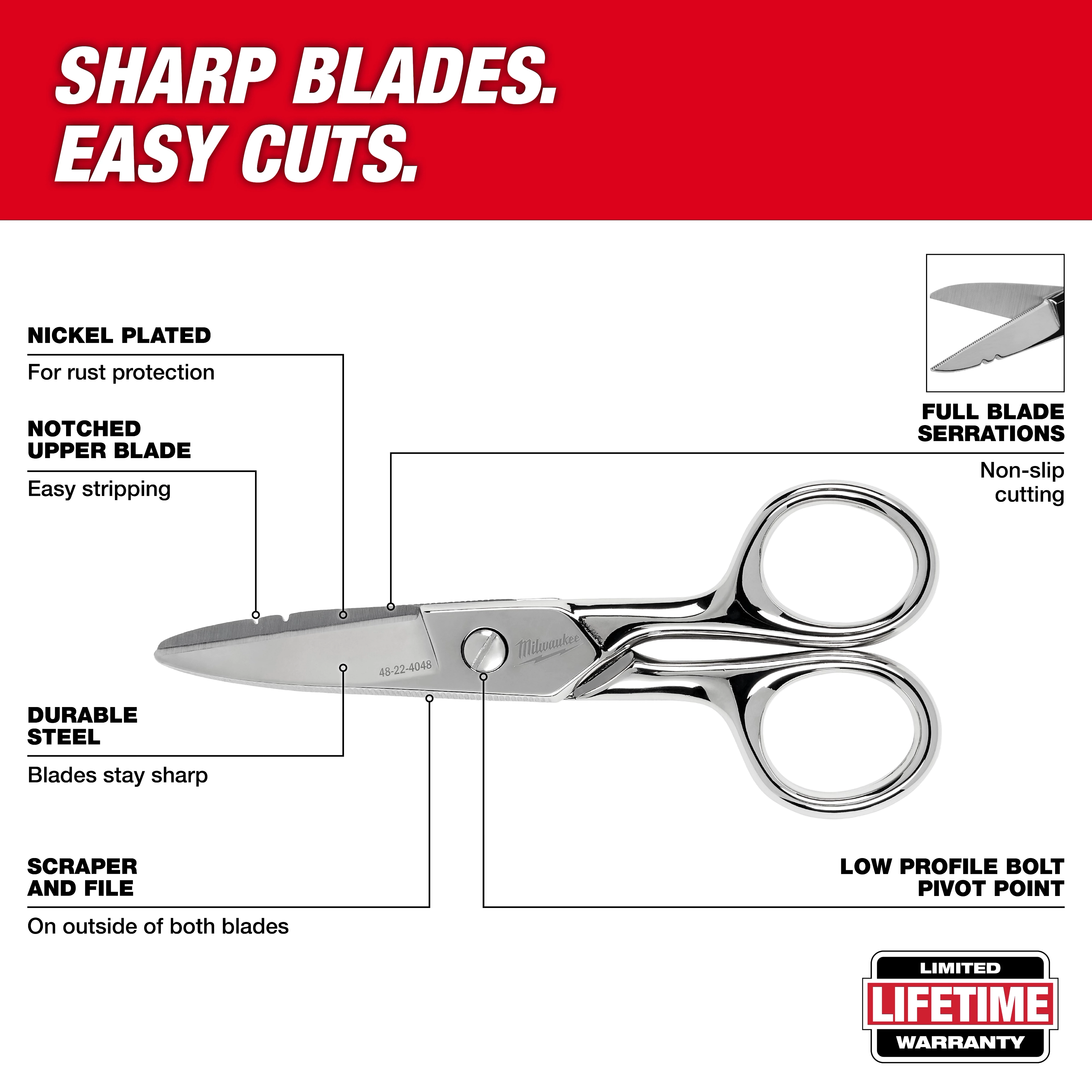 Electrician Scissors with nickel plating, notched upper blade, durable steel, scraper and file, full blade serrations, and low profile pivot.