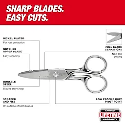 Electrician Scissors with nickel plating, notched upper blade, durable steel, scraper and file, full blade serrations, and low profile pivot.