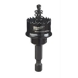 Milwaukee Shockwave hole saw bit with spring-loaded pilot on a white background.