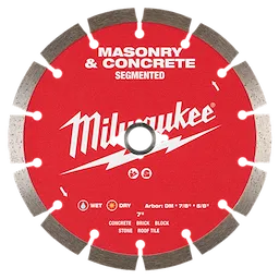 The image shows a red, circular 7" Segmented Masonry & Concrete Diamond Blade with silver cutting segments. It is designed for cutting concrete, brick, block, stone, and roof tile, and can be used wet or dry. The blade features the Milwaukee logo prominently in the center.