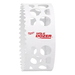 RANGE OF Hole Dozer Bi-Metal Hole Saw 4-1/4" features a white body with multiple circular cutouts and jagged cutting edge.
