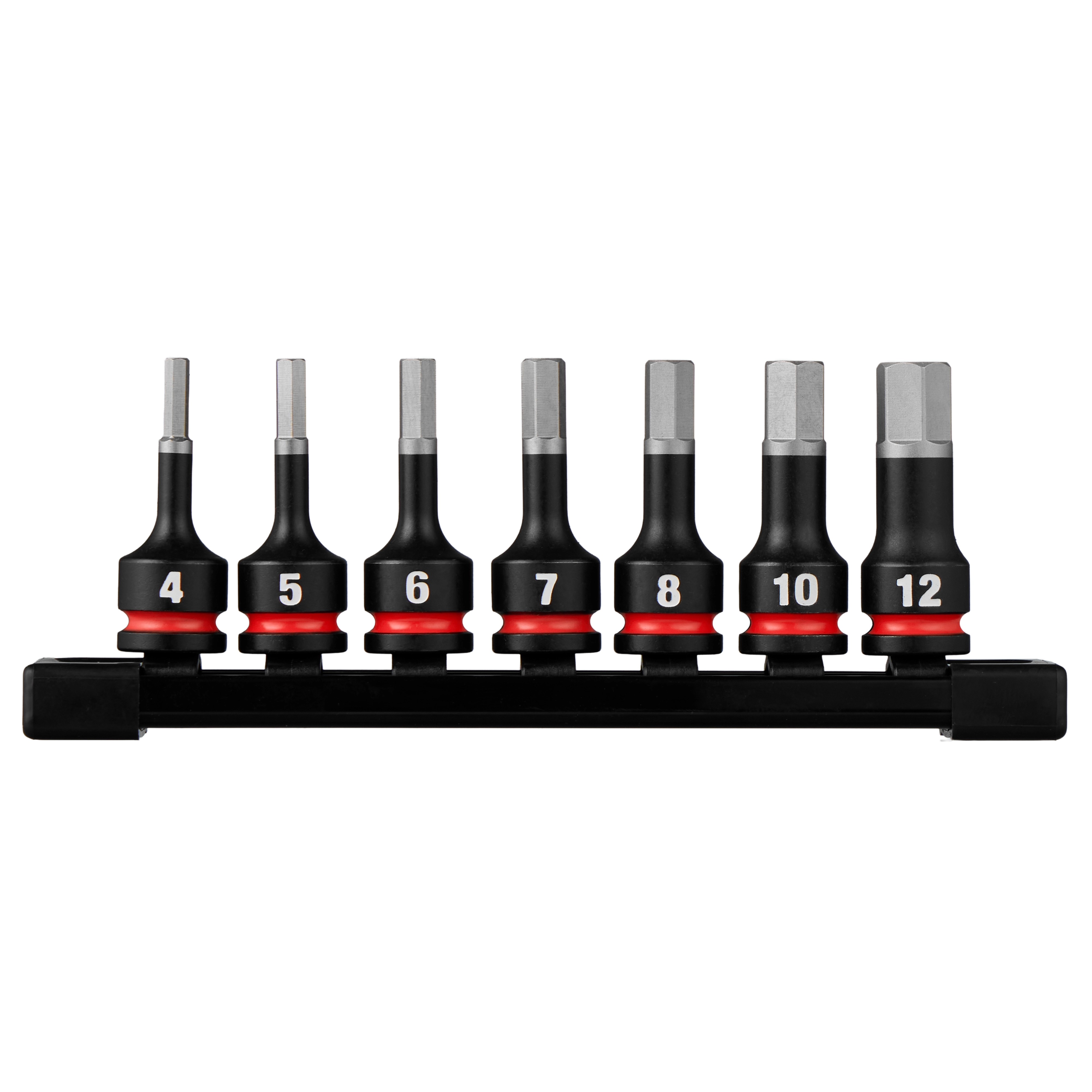 14PC SHOCKWAVE Impact Duty 3/8" Drive 2" Hex SAE/Metric Bit Socket Set arranged on a black rail.