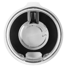 Top view of the Milwaukee PACKOUT 20oz Tumbler, featuring a clear, circular lid with a sliding closure mechanism and black accents.