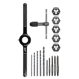 The 17PC SAE Tap and Die Set includes a T-handle, an adjustable tap wrench, five dies in various sizes, six drill bits, and five taps. Each component is made from durable materials for threading and rethreading applications. The set is arranged neatly for user convenience.
