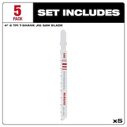 Package of five 4" 6TPI T-Shank Wood Bi-Metal Jig Saw Blades. Blades are white with red branding, designed for wood cutting.