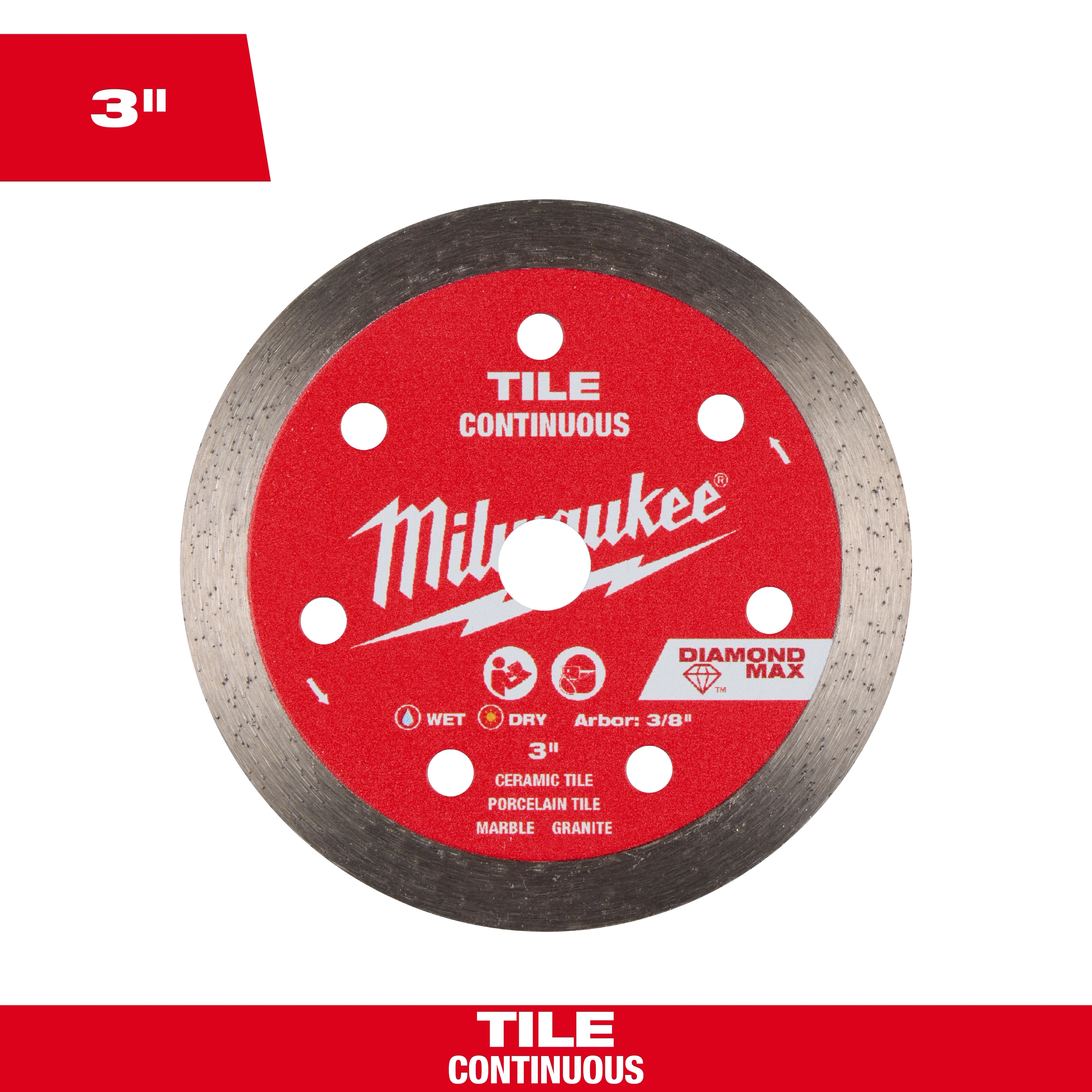 3" DIAMOND MAX Continuous, Tile Diamond Blade with a red center and metal rim displayed against a white background.