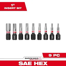 The image shows the SHOCKWAVE™ 1-inch Impact Duty Hex Insert Bit Set - 9PC. The set includes nine various-sized hex bits ranging from 1/16" to 5/16". It is designed for high impact applications, showing the bits lined up horizontally with size markings on each bit.