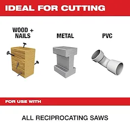 For%20Use%20With is ideal for cutting wood with nails, metal, and PVC. The product is compatible with all reciprocating saws. A diagram visually depicts these materials against a white background with bold red headers.