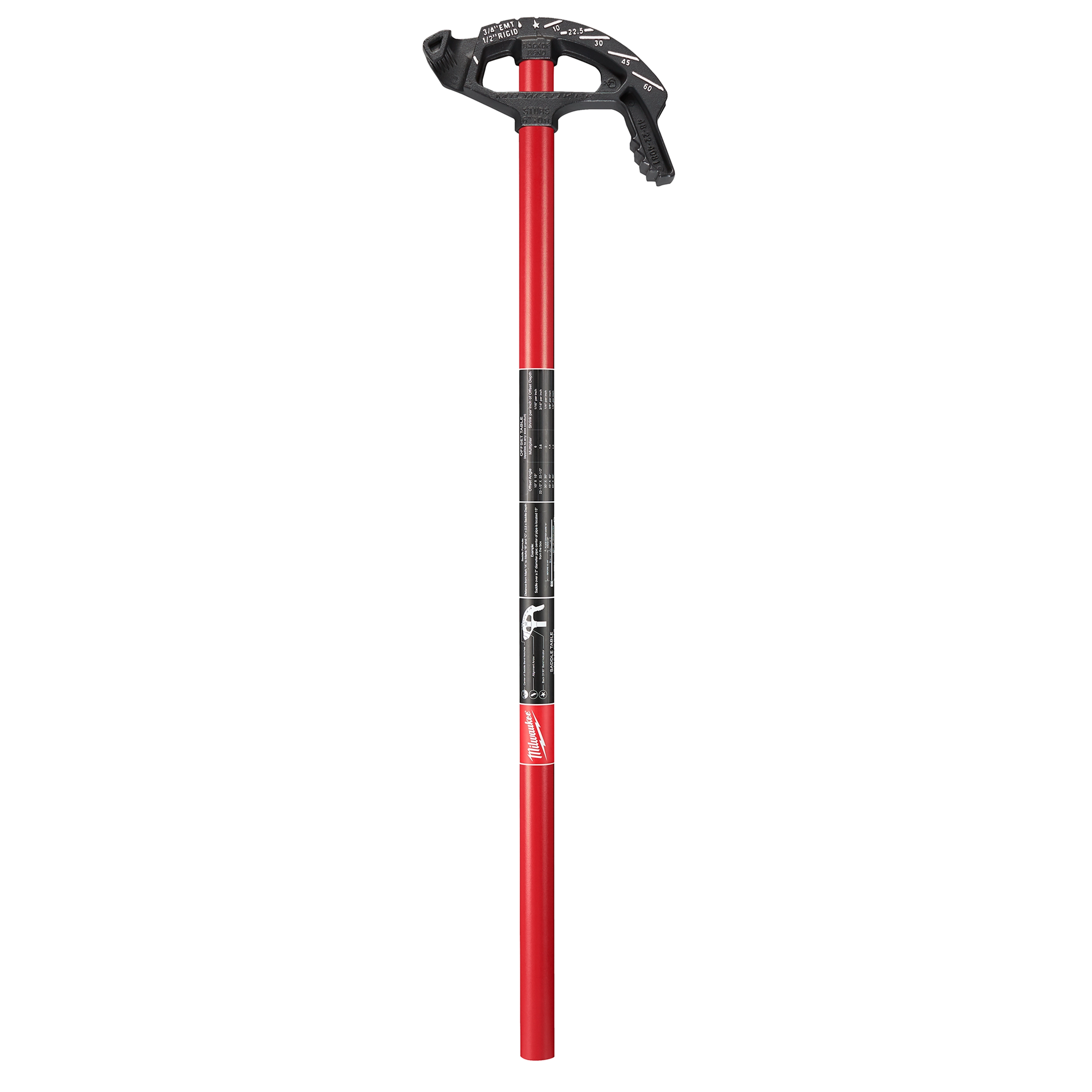 3/4" EMT IRON CONDUIT BENDER with a long red metal handle and a black bending head featuring angle markings.