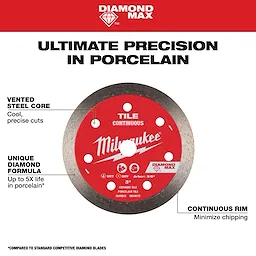 3" DIAMOND MAX Continuous, Tile Diamond Blade centered on white background with bold text highlighting porcelain cutting features.