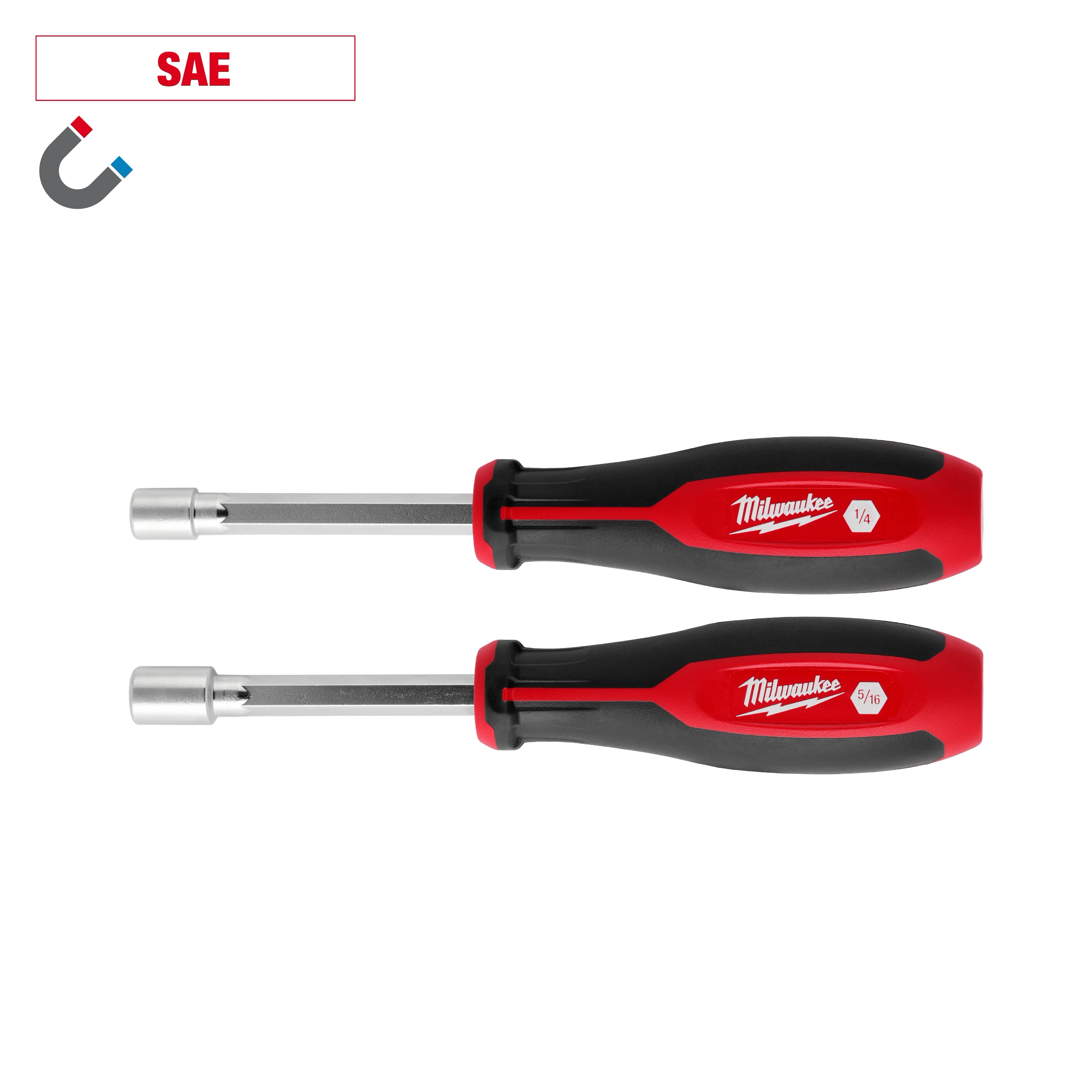 2pc SAE HollowCore Magnetic Nut Driver Set with red and black handles, featuring one 1/4 inch and one 5/16 inch driver.