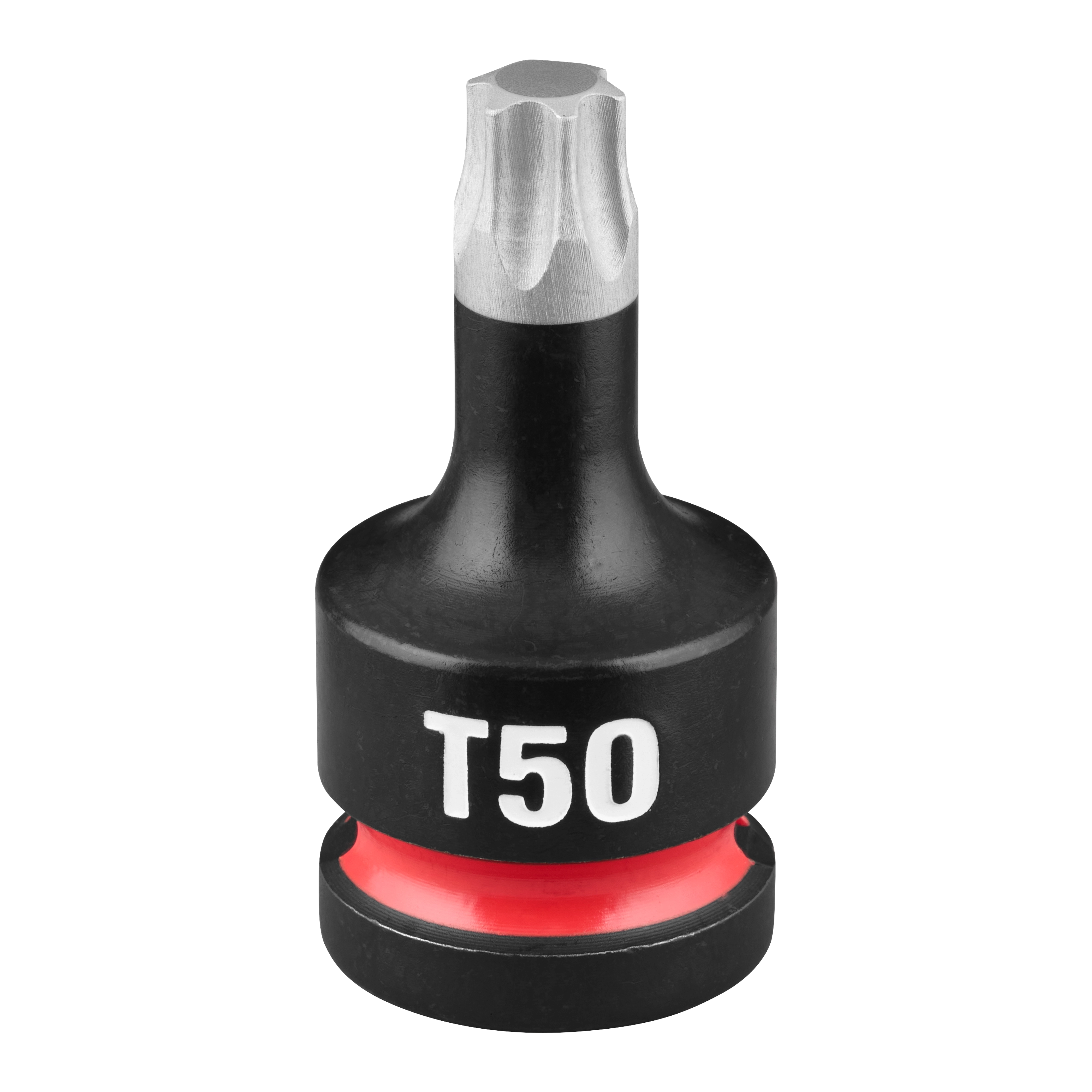 The SHOCKWAVE Impact Duty 1/2" Drive 2" Torx T50 Bit Socket is a black, heavy-duty tool bit with a red accent.