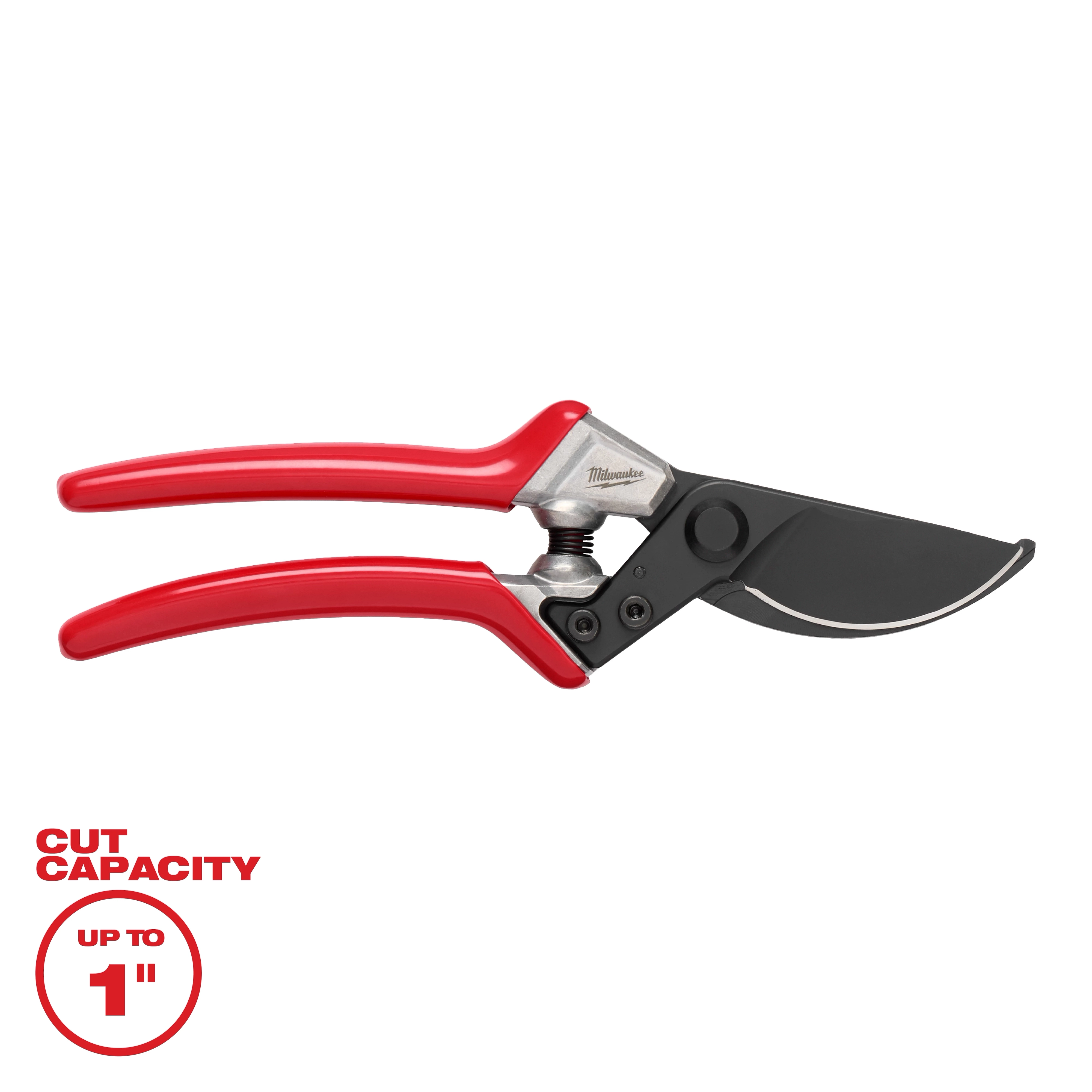 Image of a 1" Pruner featuring red handles and a black cutting blade. The pruner has a cut capacity of up to 1 inch, indicated by a label in the bottom left corner of the image.